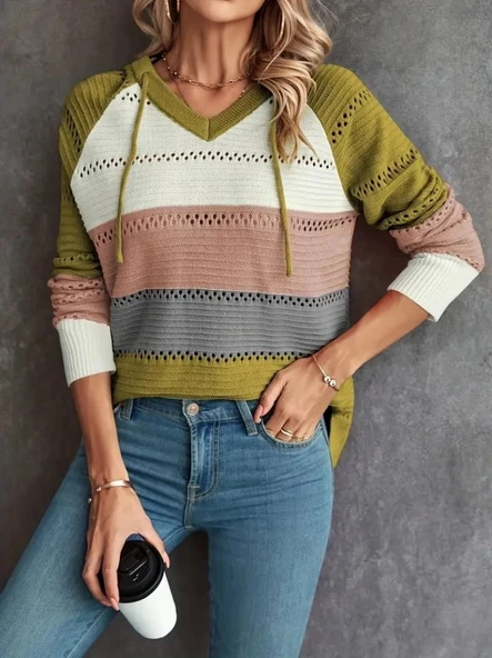 MDB Kadın Uzun Kollu V Yakalı Bağcıklı Kapşonlu Triko Bluz - Resim 2