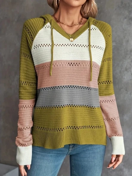 MDB Kadın Uzun Kollu V Yakalı Bağcıklı Kapşonlu Triko Bluz - Resim 3