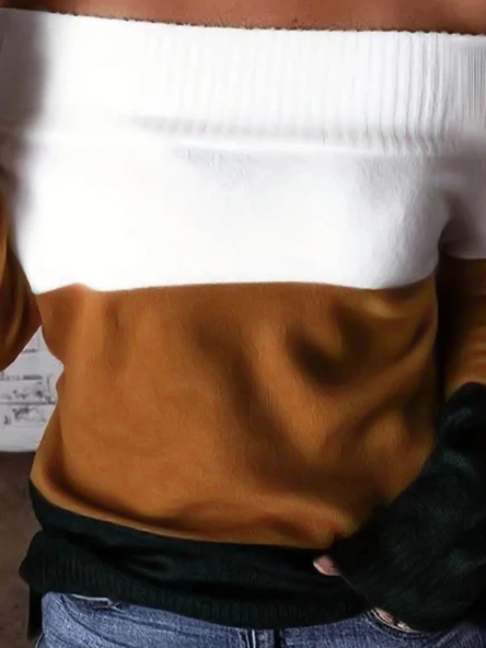 MDB Kadın Uzun Kollu Omuzlardan Açık Uzun Kollu Blok çizgili Triko Bluz - Resim 2