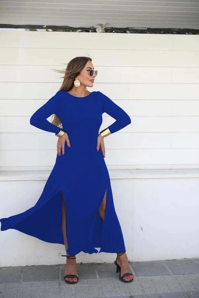 MDB Kadın Uzun Kollu Hafif Kayık Yaka Sırt Dekolteli Yırtmaç Detaylı Viskon Tam Boy Elbise - Resim 3