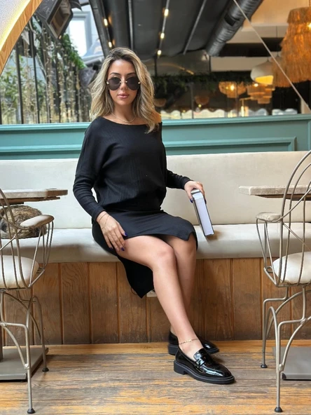 MDB Kadın Uzun Kollu Düşük Omuz Yırtmaç Detay Kaşkorse Etek Bluz Ikili Takım - Resim 7