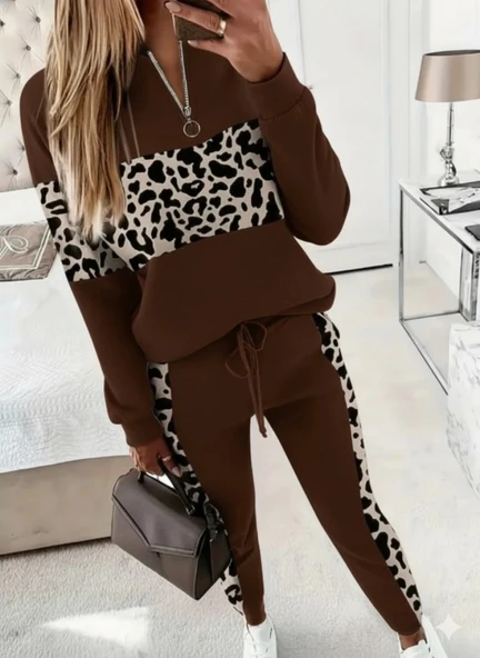 MDB Kadın Uzun Kollu Fermuarlı Karışık Desenli Viskon Iki Iplik Bluz Ve Pantolon Ikili Takım ürün görseli 1