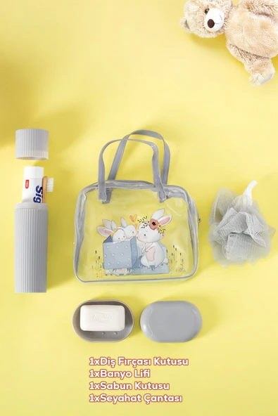 Porsima 3145 Tavşan Figürlü Seyahat Seti - Diş Fırçası Kutusu Banyo Lifi Sabun Kutusu Seyahat Çantası Gri - 2