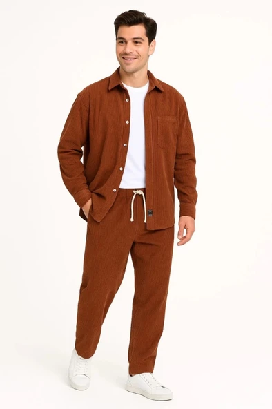 MDB Erkek Kadife Oversize Takım – Gömlek Ve Pantolon İkili et Füme Corduroy Şıklığı, Rahat Ve Zarif Duruş Yumuşak Dokulu