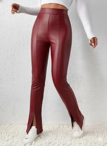 MDB Kadın Yüksek Bel önden Yırtmaçlı Deri Tayt - Resim 3