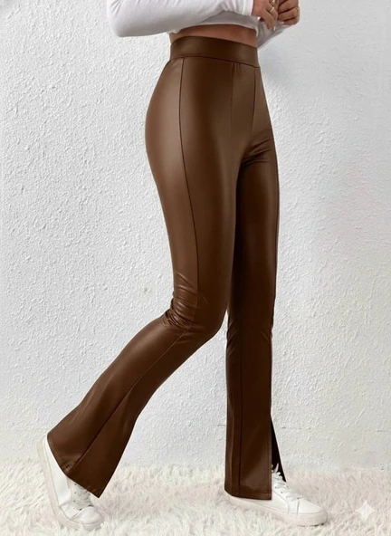 MDB Kadın Yüksek Bel önden Yırtmaçlı Deri Tayt - Resim 2