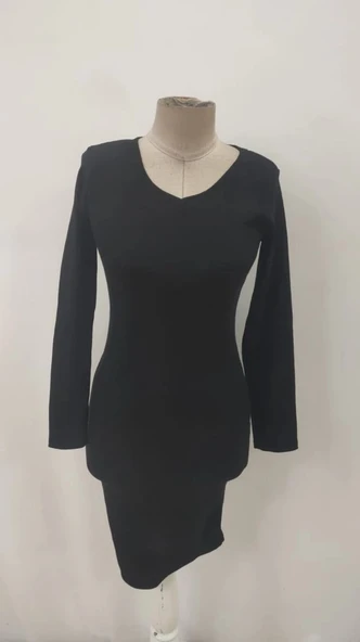 MDB Kadın Uzun Kollu V Yakalı Kısa Kaşkorse Elbise - Resim 6