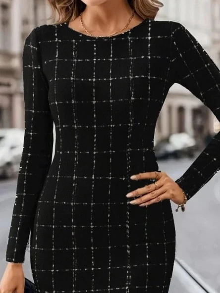 MDB Kadın Uzun Kollu Yuvarlak Yaka Mini Dokuma Elbise - Resim 2