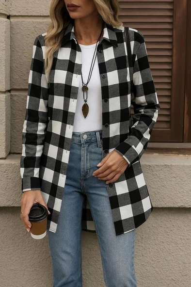 MDB Kadın Uzun Kollu Ekoseli önden Düğmeli Dokuma Uzun Gömlek ürün görseli 1