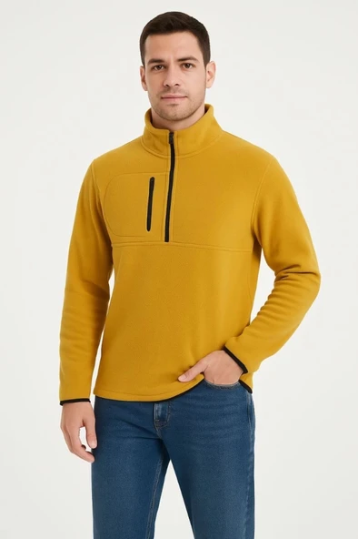 MDB Erkek Polar Kazak – Dik Yaka, Yarım Fermuarlı, Fermuarlı Göğüs Cepli, iyah Biyeli, Kışlık Rahat Regular Fit Günlük o - Resim 4