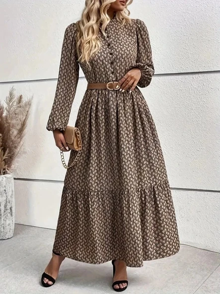 MDB Kadın Uzun Kollu Hakim Yakalı Düğmeli Kemersiz Desenli Maxi Süprem Elbise - Resim 2