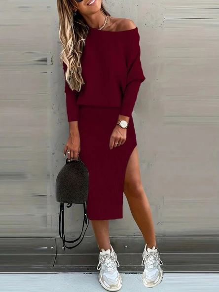 MDB Kadın Uzun Kollu Düşük Omuz Yırtmaç Detay Kaşkorse Etek Bluz Ikili Takım - Resim 2