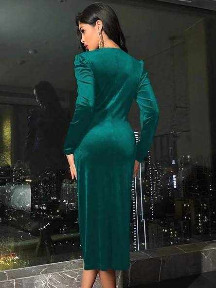 MDB Kadın Uzun Kollu Kruvaze Yakalı Yandan Büzgülü Midi Kadife Elbise - Resim 4