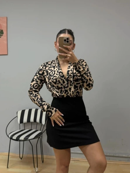 MDB Kadın Uzun Kollu Kruvaze Yakalı üst Dalgıç Alt Ithal Krep Mini Elbise - Resim 3