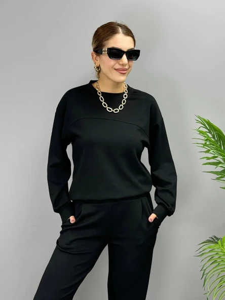 MDB Kadın Uzun Kollu Bisiklet Yaka Viskon Iki Iplik Bluz Ve Pantolon Ikili Takım - Resim 7