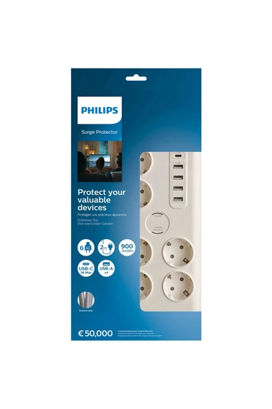 SPN7060WA/62 6'lı Akım Korumalı & 5 USB Girişli Prız 900J 2 M 1 x Type C - 4 x Type A SPN706 - Resim 2