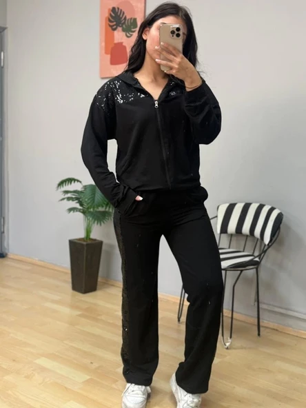 MDB Kadın Iki Iplik Kumaş Pul Ve Fermuar Detaylı Ikili Takım - Resim 4