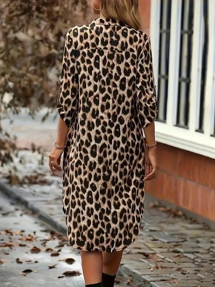 MDB Kadın Uzun Kollu Yakalı önden Düğmeli Leopar Desenli Modal Midi Elbise - Resim 3