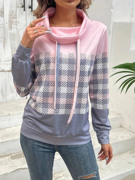 MDB Kadın Uzun Kollu Balıkçı Yaka Bağcıklı Desenli şardonlu Dalgıç Bluz - Resim 2