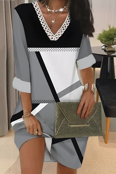 MDB Kadın Fakir Kollu V Dantel Yaka Geometrik Desenli Dalgıç Elbise - Resim 4