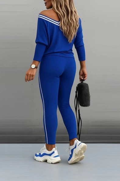 MDB Kadın Uzun Kollu Tek Omuzu Açık Detaylı Viskon Iki Iplik Bluz Ve Pantolon Ikili Takım - Resim 2