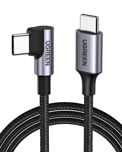 UGREEN USB-C 60W 3A QC PD 90 Derece Örgülü Hızlı Şarj Kalosu, 2 Metre, Siyah, 50125