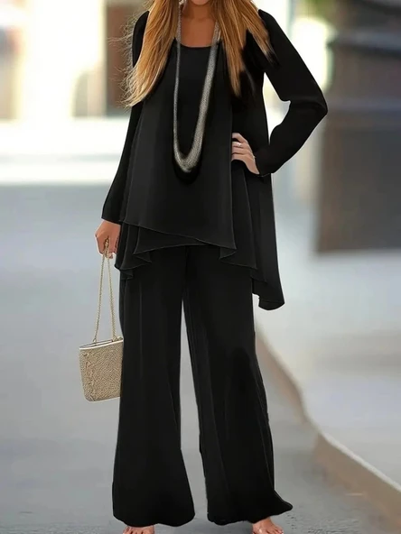 MDB Kadın Uzun Kollu Asimetrik Detaylı Salaş Sandy Bluz Ve Pantolon Ikili Takım - Resim 5