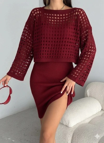 MDB Kadın Uzun Kollu Delikli Kazak Askılı Elbise Triko Ikili Takım - 2