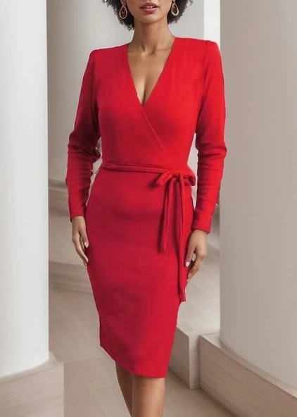 MDB Kadın Uzun Kollu Kruvaze Yaka Bağcık Detay Akrilik Mini Boy Elbise - Resim 6