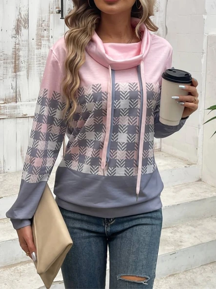 MDB Kadın Uzun Kollu Balıkçı Yaka Bağcıklı Desenli şardonlu Dalgıç Bluz - Resim 6