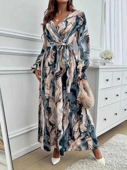 MDB Kadın Uzun Kollu Kruvaze Yakalı Beli Kuşaklı Desenli Süprem Maxi Elbise - Resim 4