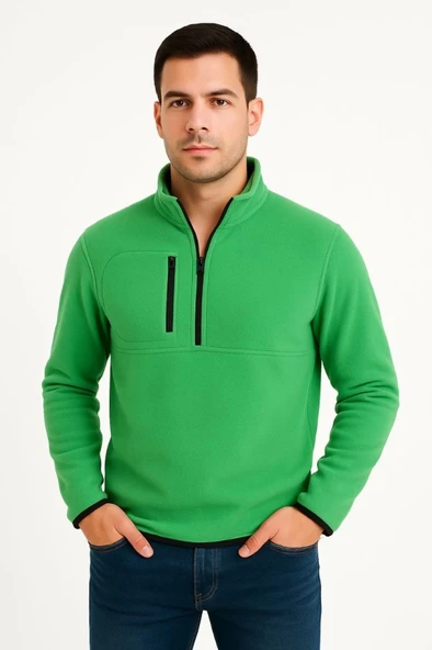 MDB Erkek Polar Kazak – Dik Yaka, Yarım Fermuarlı, Fermuarlı Göğüs Cepli, iyah Biyeli, Kışlık Rahat Regular Fit Günlük o - Resim 4