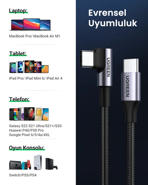 UGREEN USB-C 60W 3A QC PD 90 Derece Örgülü Hızlı Şarj Kalosu, 2 Metre, Siyah, 50125 - 7