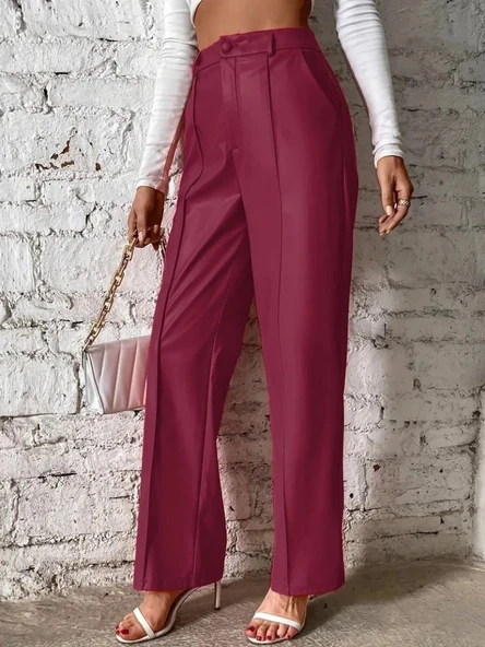 MDB Kadın önden Fermuarlı Cepli Geniş Kesim Lame Deri Pantolon - Resim 3