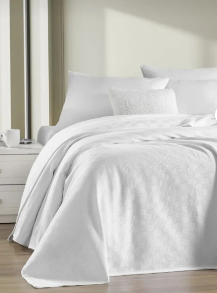 RENETİC Tek Kişilik %100 Pamuk Küçük Dama Desenli Yatak Örtüsü Otel Tipi Lüx Pike Beyaz 150x230