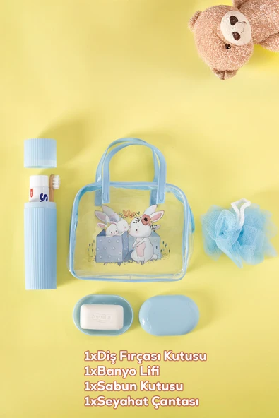 Porsima 3144 Tavşan Figürlü Seyahat Seti - Diş Fırçası Kutusu Banyo Lifi Sabun Kutusu Seyahat Çantası Mavi - 3