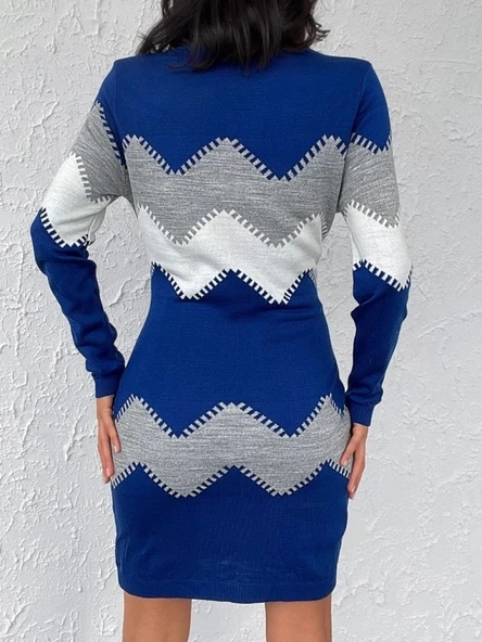 MDB Kadın Uzun Kollu Zigzag Desen Triko Elbise - Resim 3