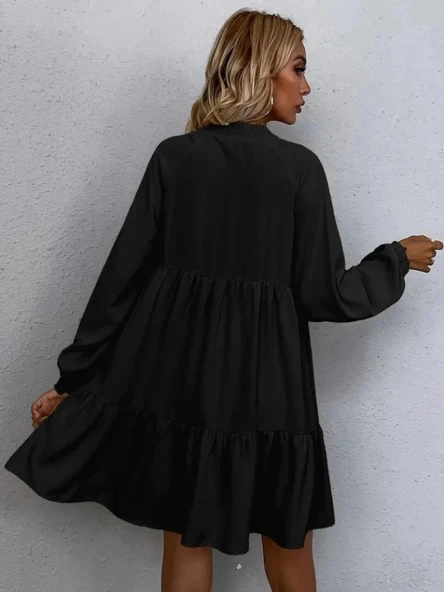 MDB Kadın Uzun Kollu Yakadan Bağcıklı Fırfırlı Keten Mini Elbise - Resim 5