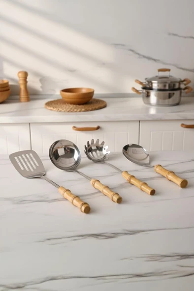 Bambum Mundo 4 Parça Bambu Saplı Çelik Mutfak Gereç Seti Çeyiz Seti Kaşık Kevgir Kepçe