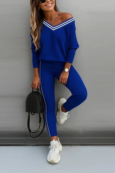 MDB Kadın Uzun Kollu Tek Omuzu Açık Detaylı Viskon Iki Iplik Bluz Ve Pantolon Ikili Takım - Resim 3