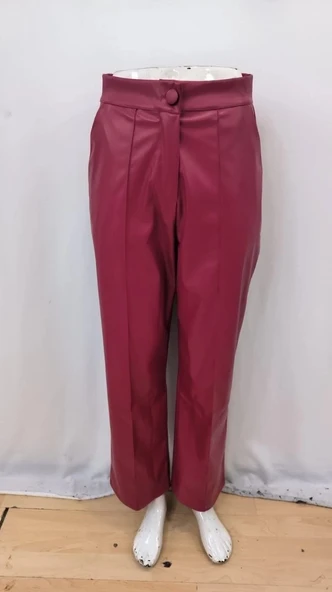 MDB Kadın önden Fermuarlı Cepli Geniş Kesim Lame Deri Pantolon - Resim 5