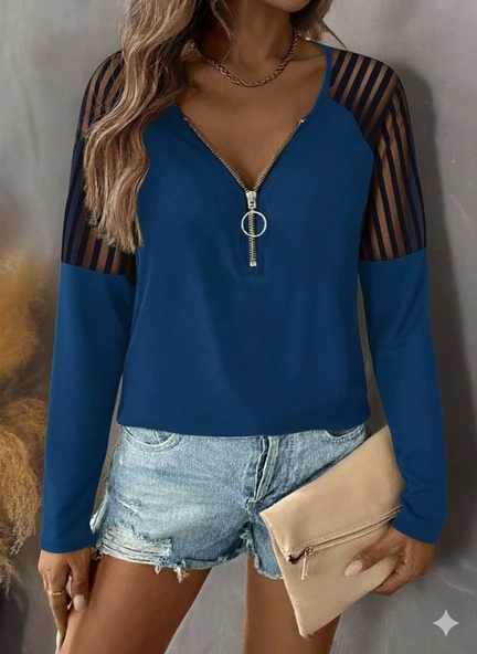 MDB Kadın Uzun Kollu Yakadan Fermuarlı Viskon Bluz - Resim 2