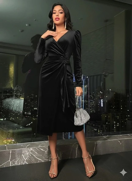 MDB Kadın Uzun Kollu Kruvaze Yakalı Yandan Büzgülü Midi Kadife Elbise - Resim 2