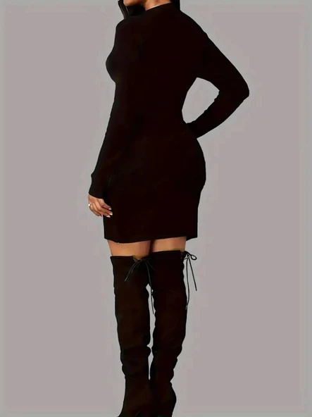 MDB Kadın Uzun Kollu Bisiklet Yaka Kelebek Desenli Kısa Viskon Iki Iplik Elbise - Resim 2