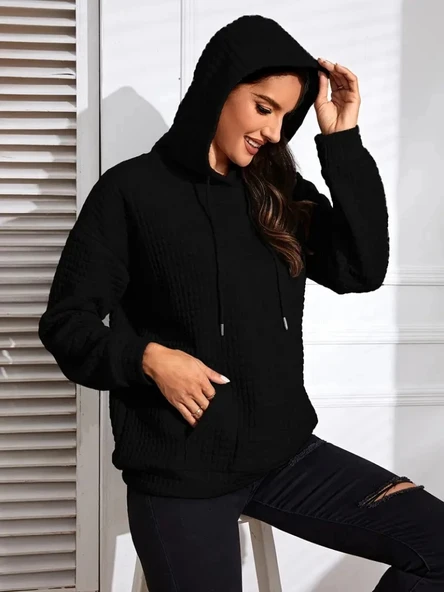 MDB Kadın Uzun Kollu Kapşonlu Bağcıklı Cepli Capitone Sweatshirt - 2