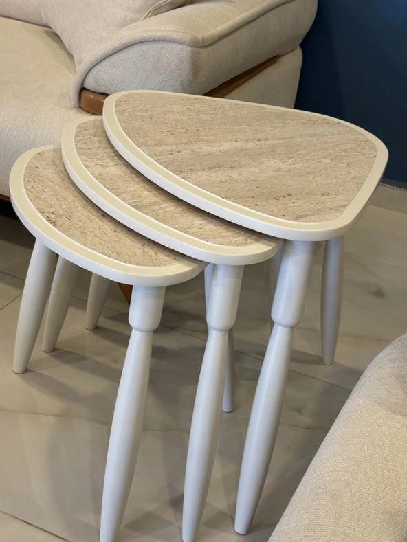 Bohem Tasarım Traverten 3’lü Zigon Sehpa Takımı 1.Kalite MDF Ağaç Ayak Oval Sehpa - Resim 5