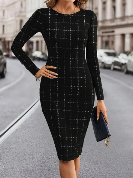 MDB Kadın Uzun Kollu Yuvarlak Yaka Mini Dokuma Elbise - Resim 3