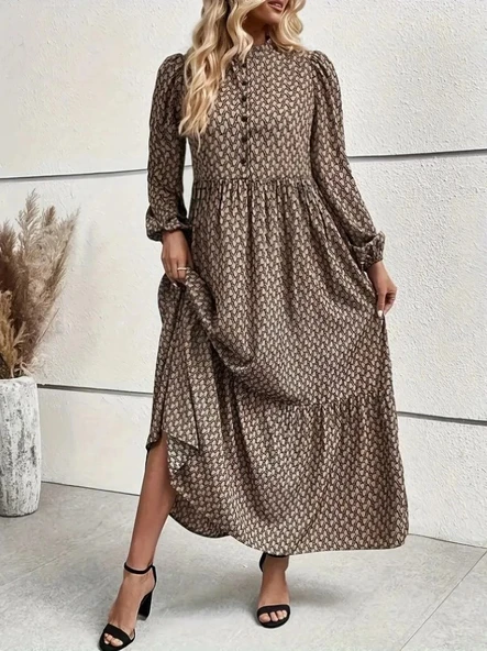 MDB Kadın Uzun Kollu Hakim Yakalı Düğmeli Kemersiz Desenli Maxi Süprem Elbise - Resim 5