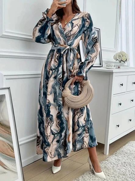 MDB Kadın Uzun Kollu Kruvaze Yakalı Beli Kuşaklı Desenli Süprem Maxi Elbise ürün görseli 1