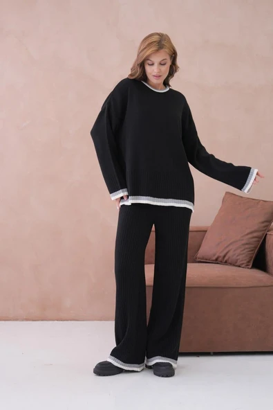 IŞŞIL 12227-Sıfır Yaka Şeritli Triko Pantolonlu Takım - 2